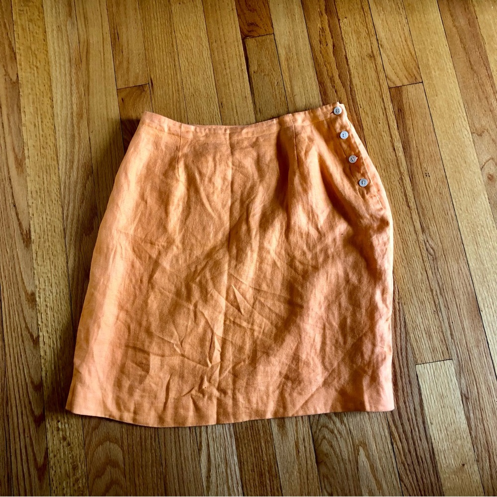 Talbots Peach-Orange A-Line Linen Skirt with Side Button Detail